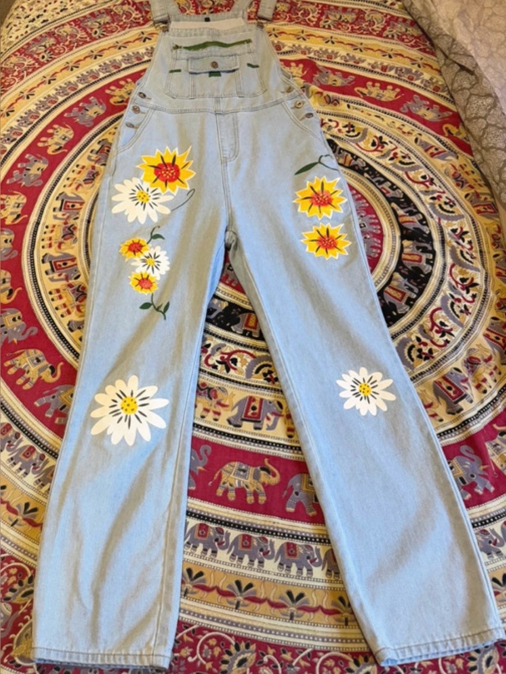 Light Blue Denim Floral Overalls - Women's Painted Flower Jumpsuit